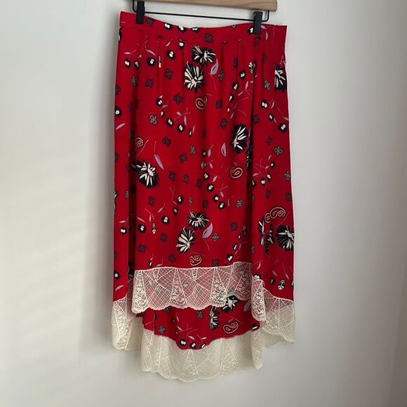 Zadig & Voltaire Joslin Daisy Red Silk Floral Skirt Size 40EU/8US Lace Trim Boho - Picture 2 of 13